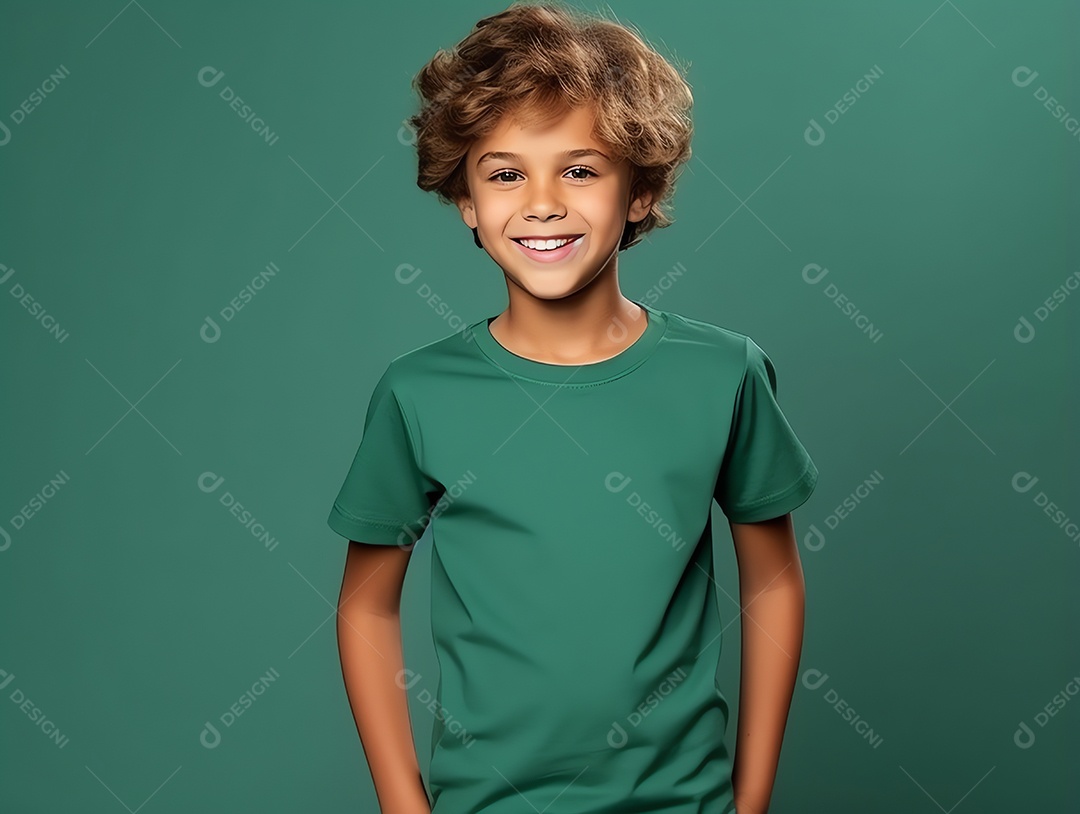 Garoto bonito vestindo maquete de camiseta verde vazia em branco para modelo de design