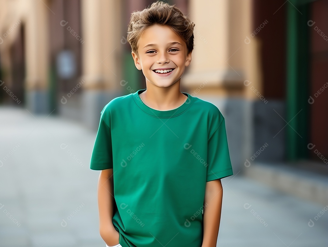 Garoto bonito vestindo maquete de camiseta verde vazia em branco para modelo de design