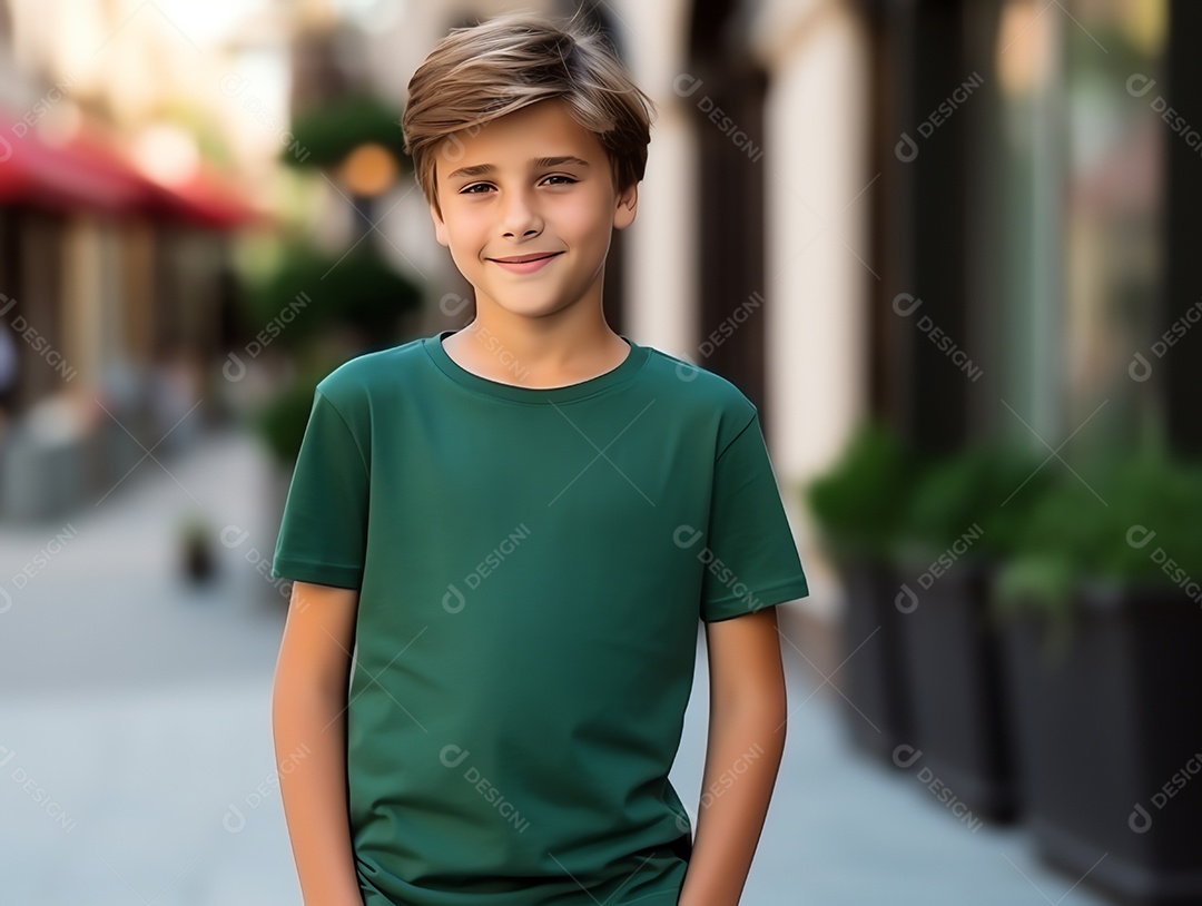 Garoto bonito vestindo maquete de camiseta verde vazia em branco para modelo de design