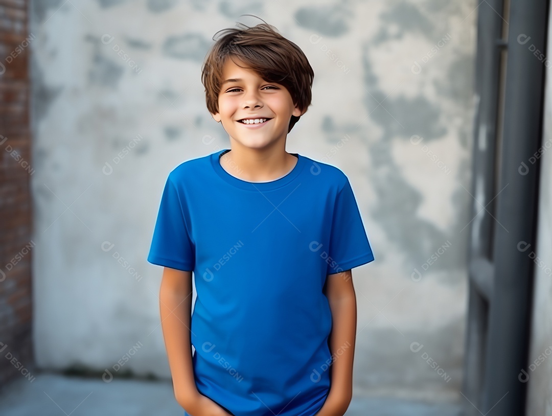 Garoto bonito vestindo maquete de camiseta azul vazia em branco para modelo de design