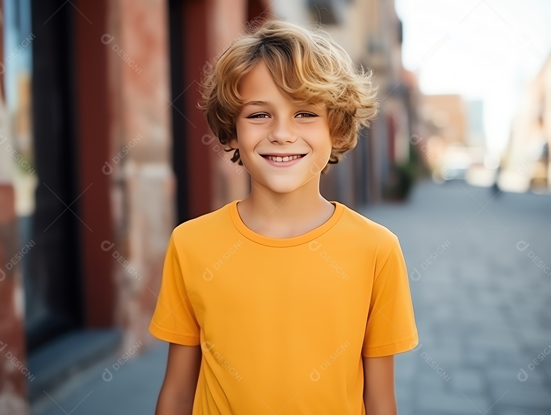 Garoto bonito vestindo maquete de camiseta amarela vazia em branco para modelo de design