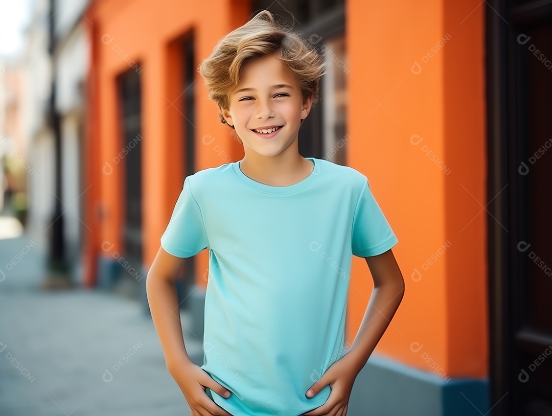 Garoto bonito vestindo maquete de camiseta verde vazia em branco para modelo de design