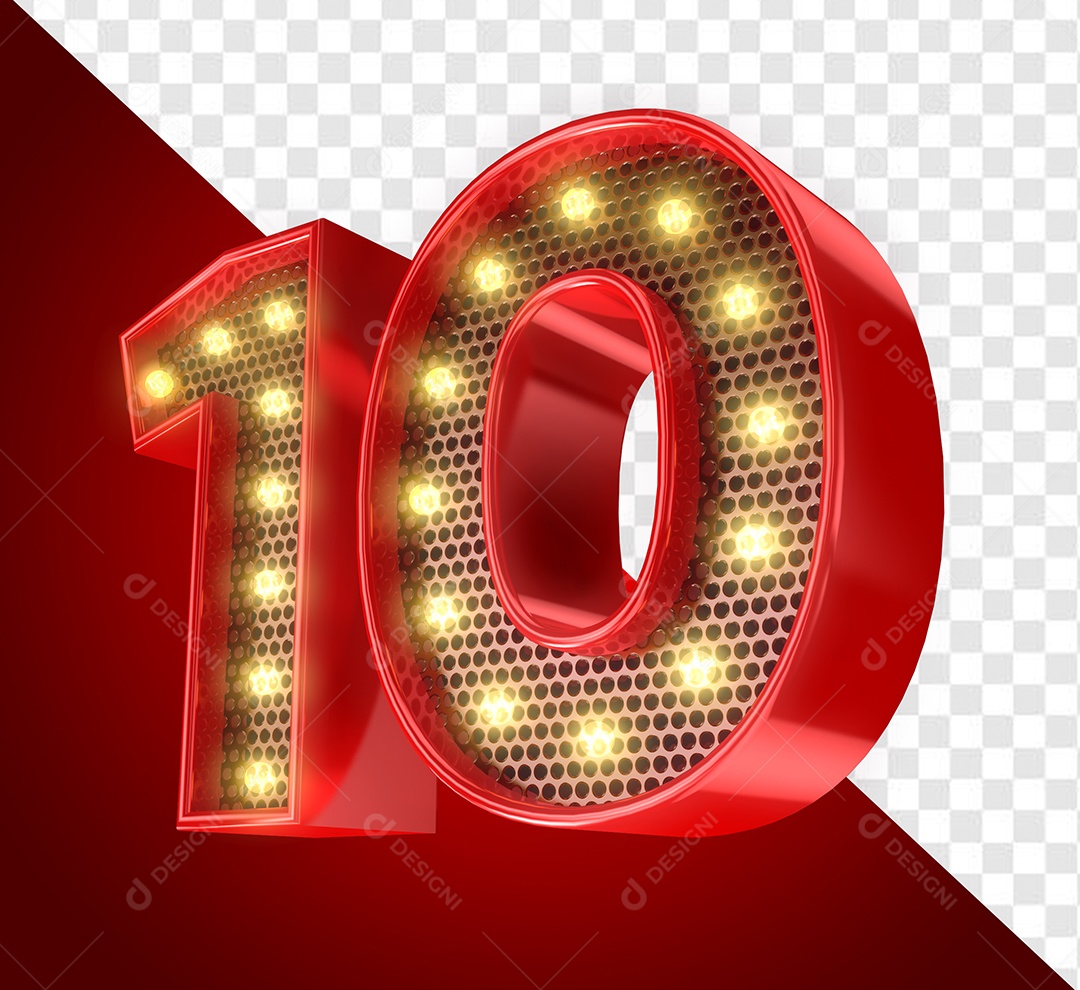 Elemento 3D Número 10 Vermelho para Composição PSD