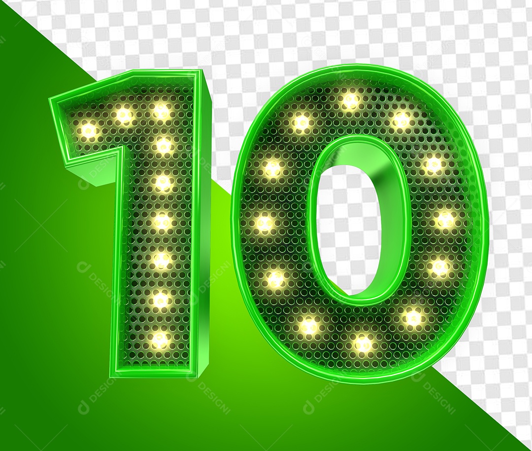 Elemento 3D Número 10  Verde com Luzes de Led para Composição PSD