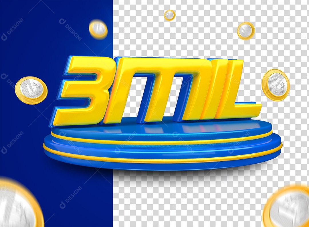 Selo 3D Podium 3Mil Azul Moedas Para Composição PSD