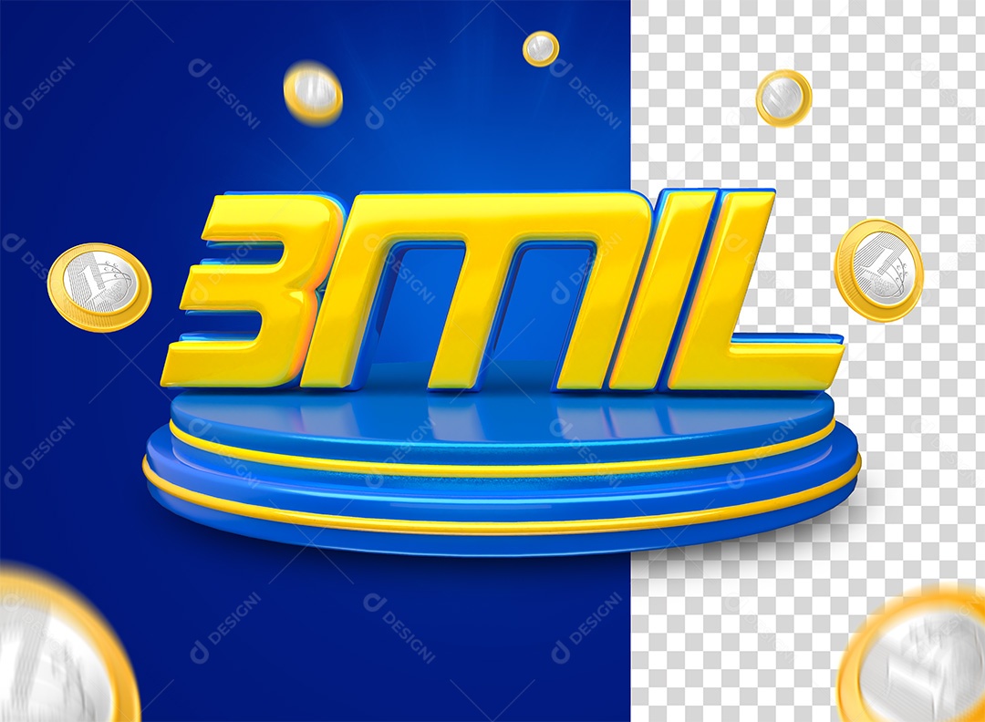 Selo 3D Podium 3Mil Azul Moedas Para Composição PSD