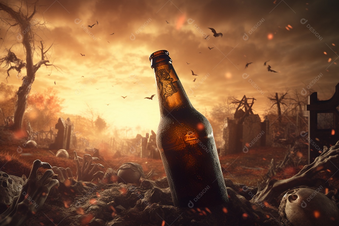 Mão de zumbi de Halloween segurando uma garrafa de cerveja