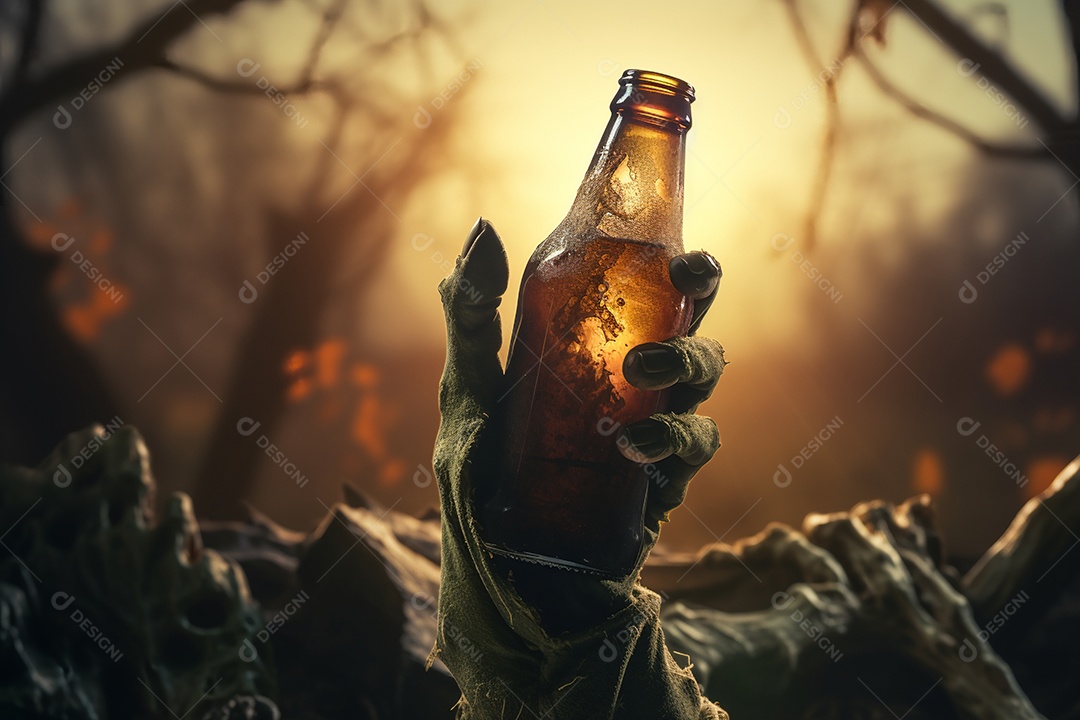 Mão de zumbi de Halloween segurando uma garrafa de cerveja