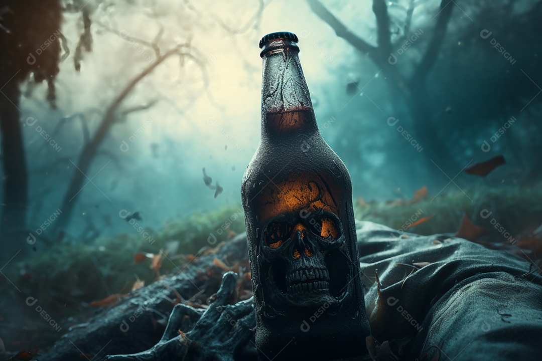 Mão de zumbi de Halloween segurando uma garrafa de cerveja