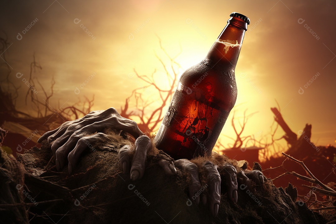 Mão de zumbi de Halloween segurando uma garrafa de cerveja