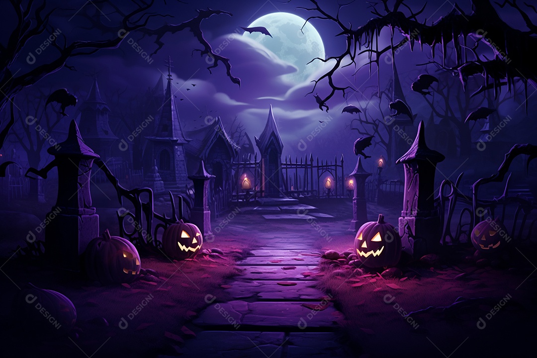 Fundo de cemitério e lanternas de abóbora para halloween