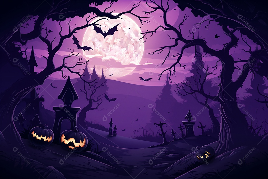 Fundo de cemitério e lanternas de abóbora para halloween