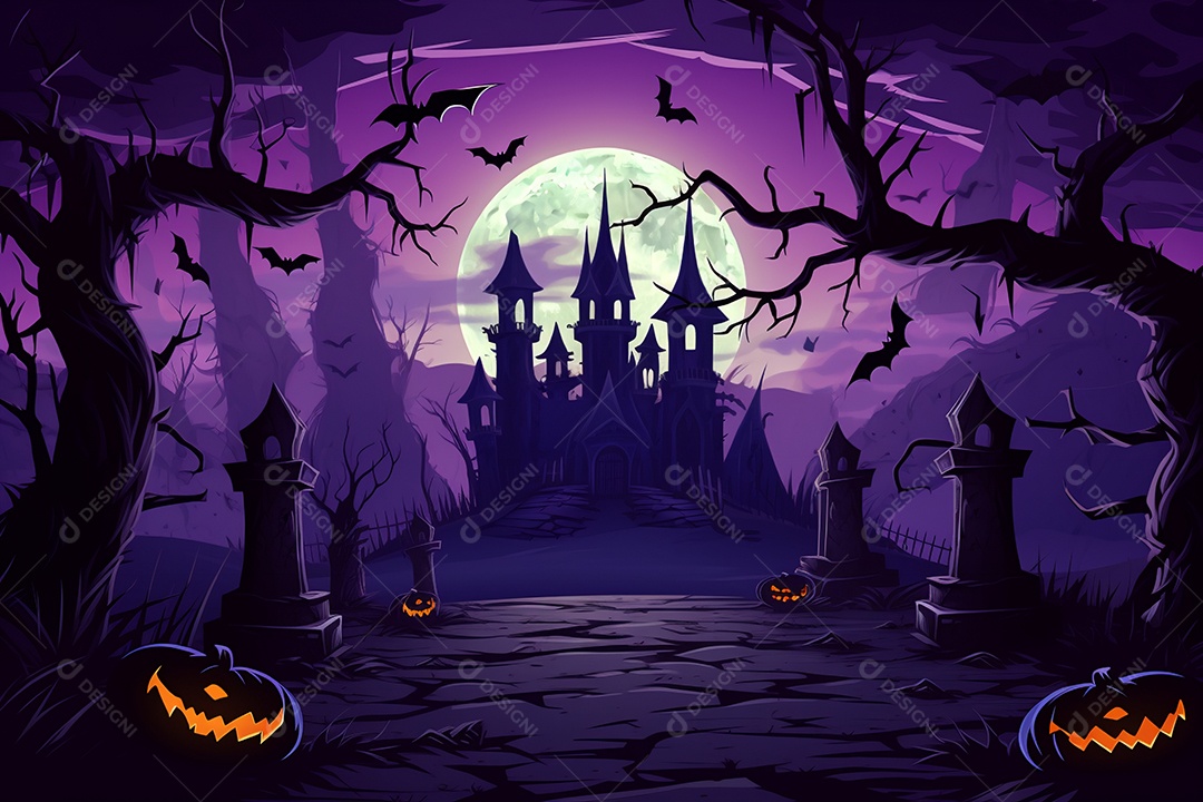 Fundo de cemitério e lanternas de abóbora para halloween