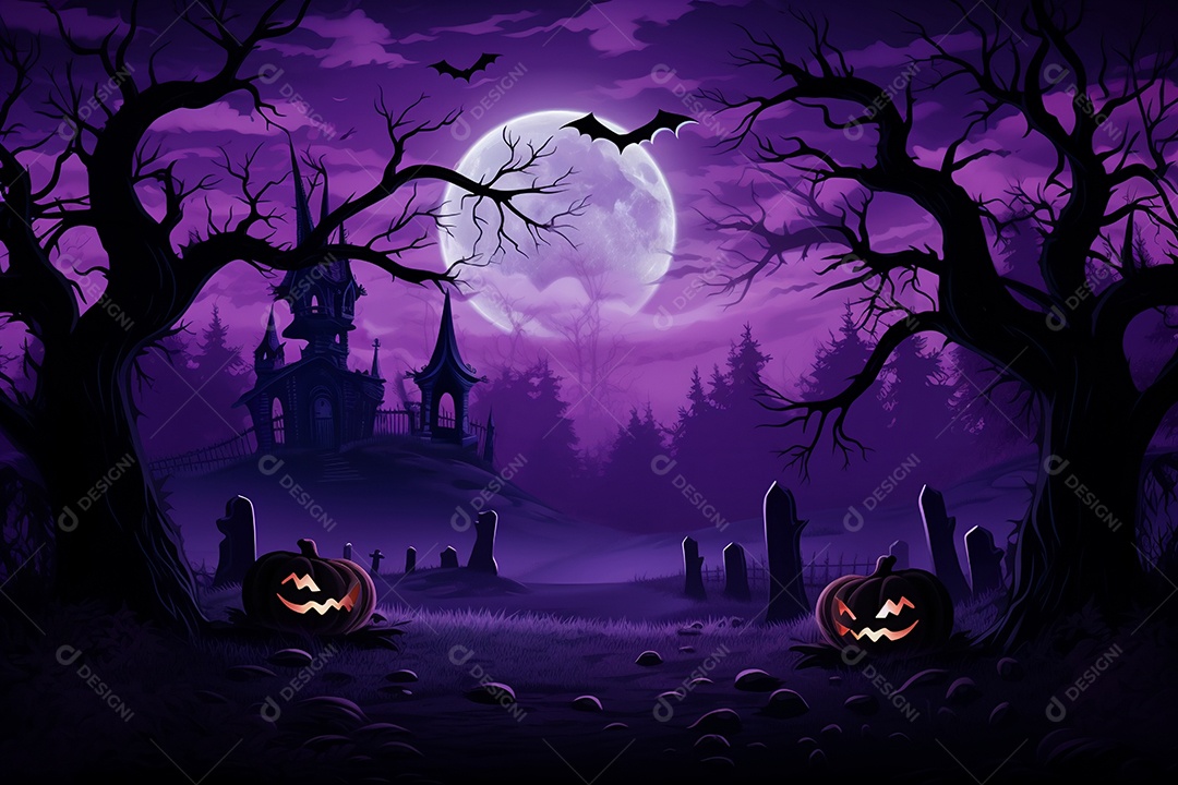 Fundo de cemitério e lanternas de abóbora para halloween