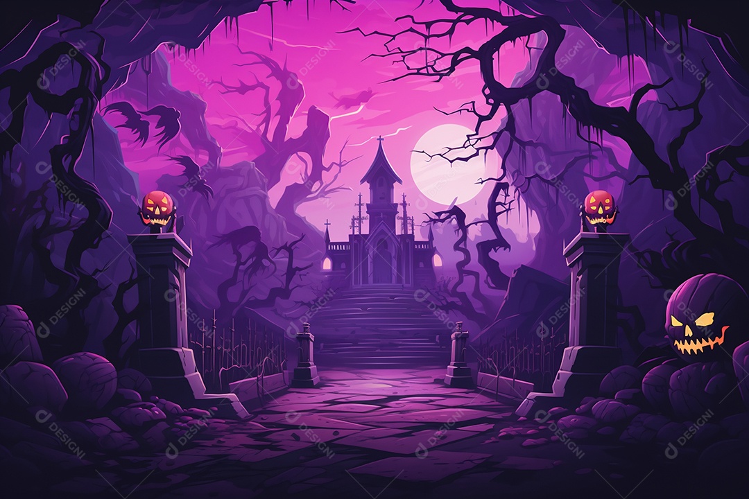 Fundo de cemitério e lanternas de abóbora para halloween