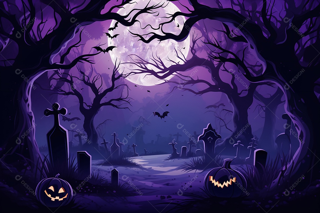 Fundo de cemitério e lanternas de abóbora para halloween