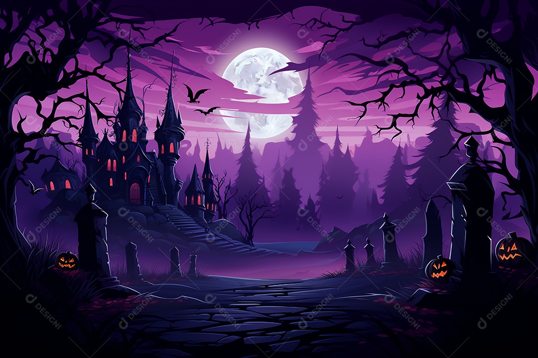 Fundo de cemitério e lanternas de abóbora para halloween