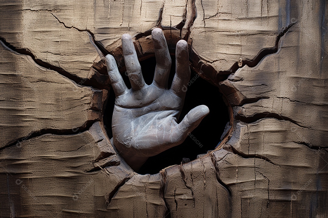 Mão de zumbi através de buraco rachado em madeira