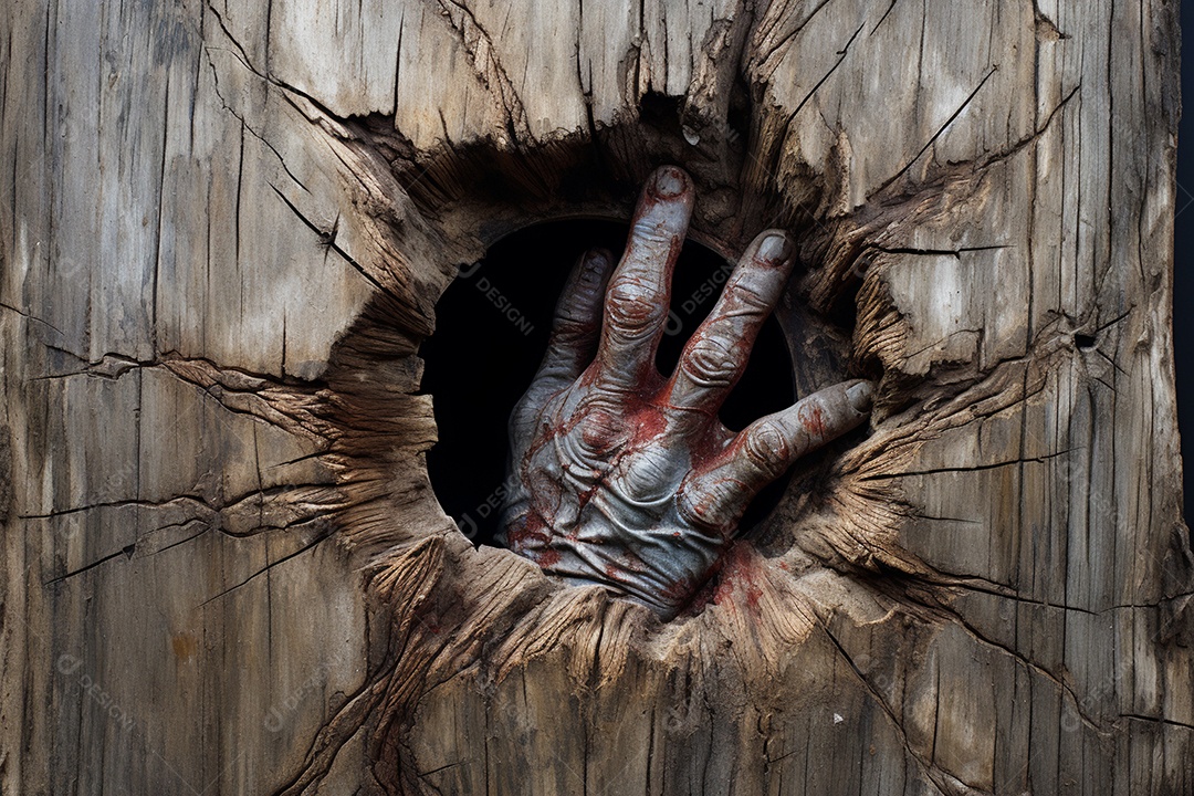 Mão de zumbi através de buraco rachado em madeira