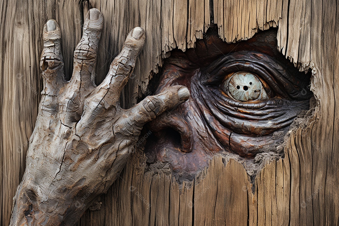 Mão de zumbi através de buraco rachado em madeira