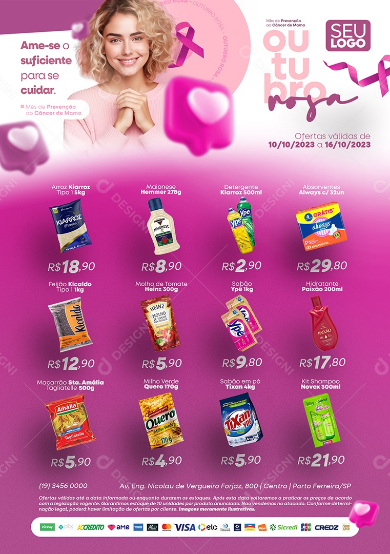 Tabloide Outubro Rosa Supermercado Arroz Maionese Detergente Absorvente Social Media PSD Editável