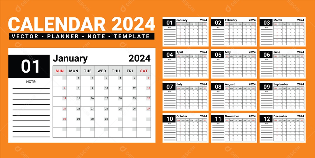 Modelo de Calendário de 2024 Vetor EPS Editável