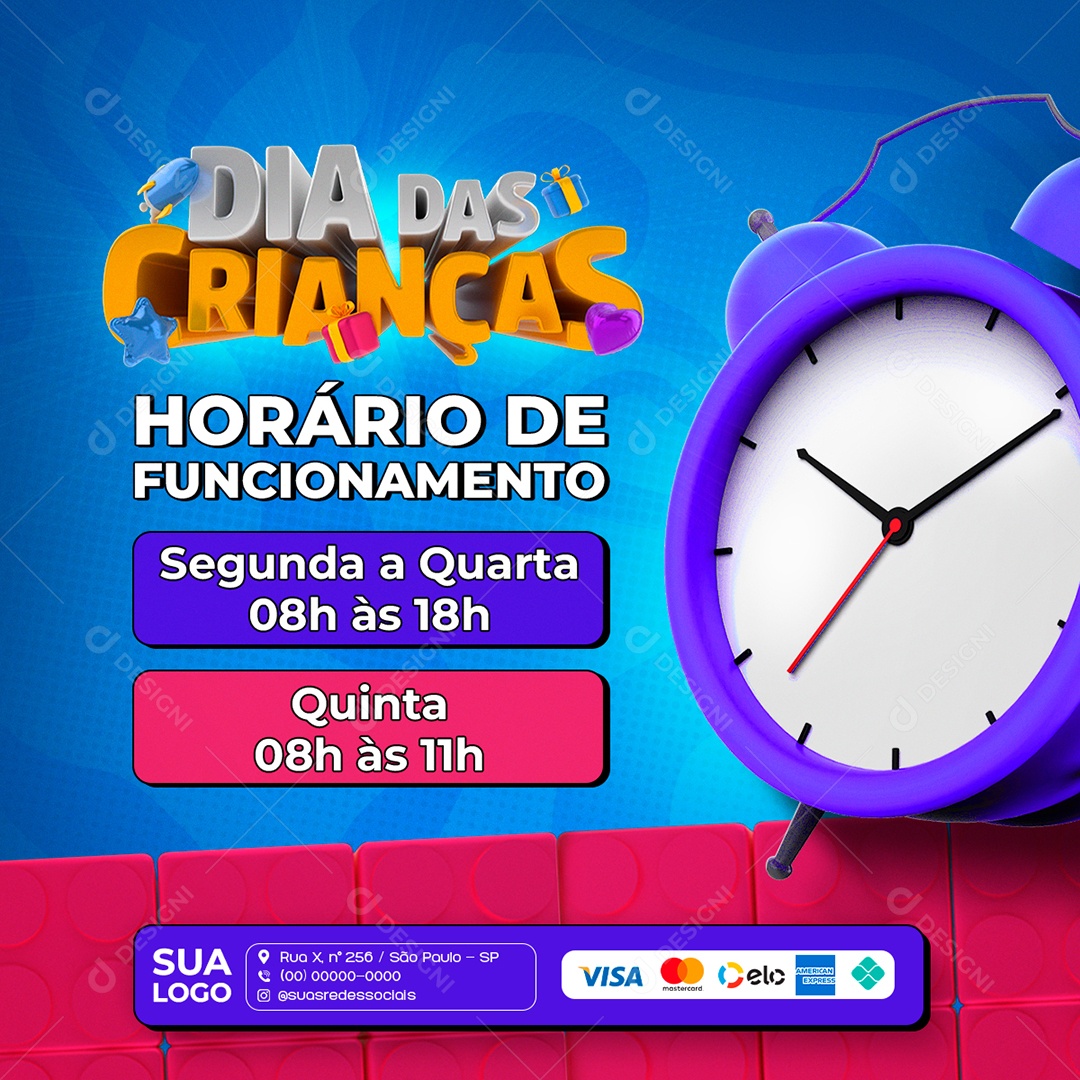 Dia das Crianças Horário de Funcionamento Loja  Social MIidia PSD Editável