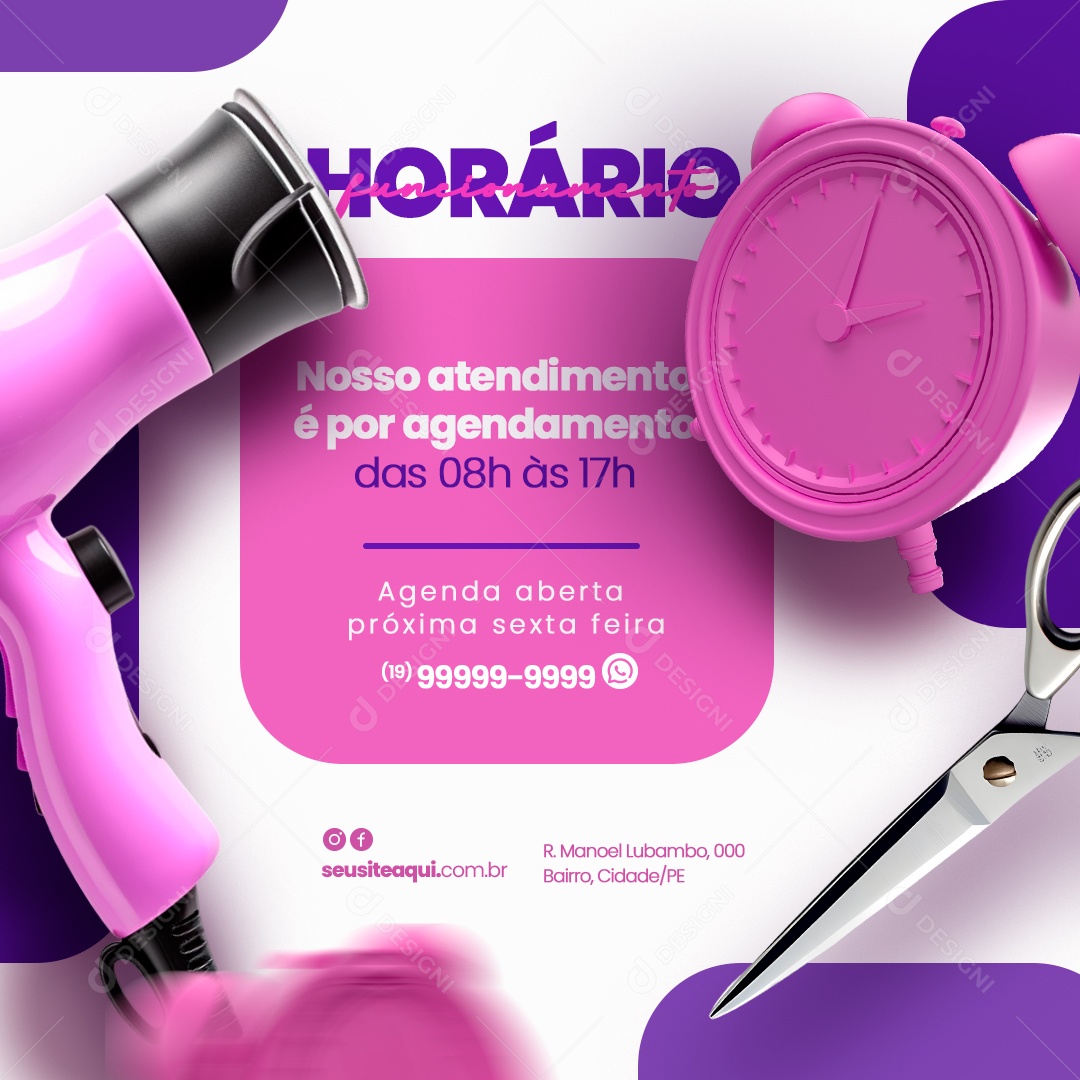 Salão de Beleza Horário Funcionamento Social Media PSD Editável