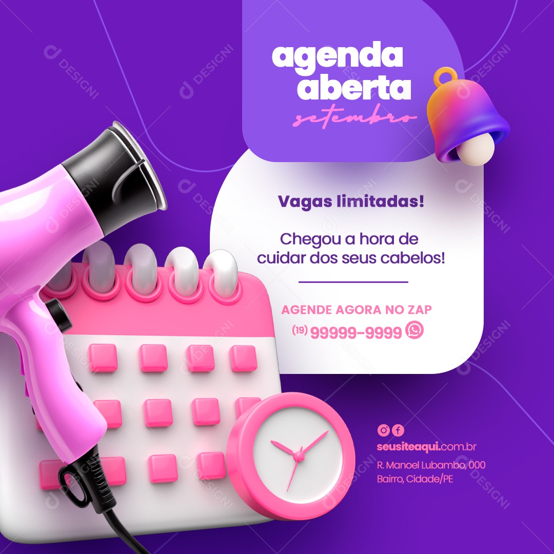 Salão de Beleza Agenda Aberta Setembro Social Media PSD Editável