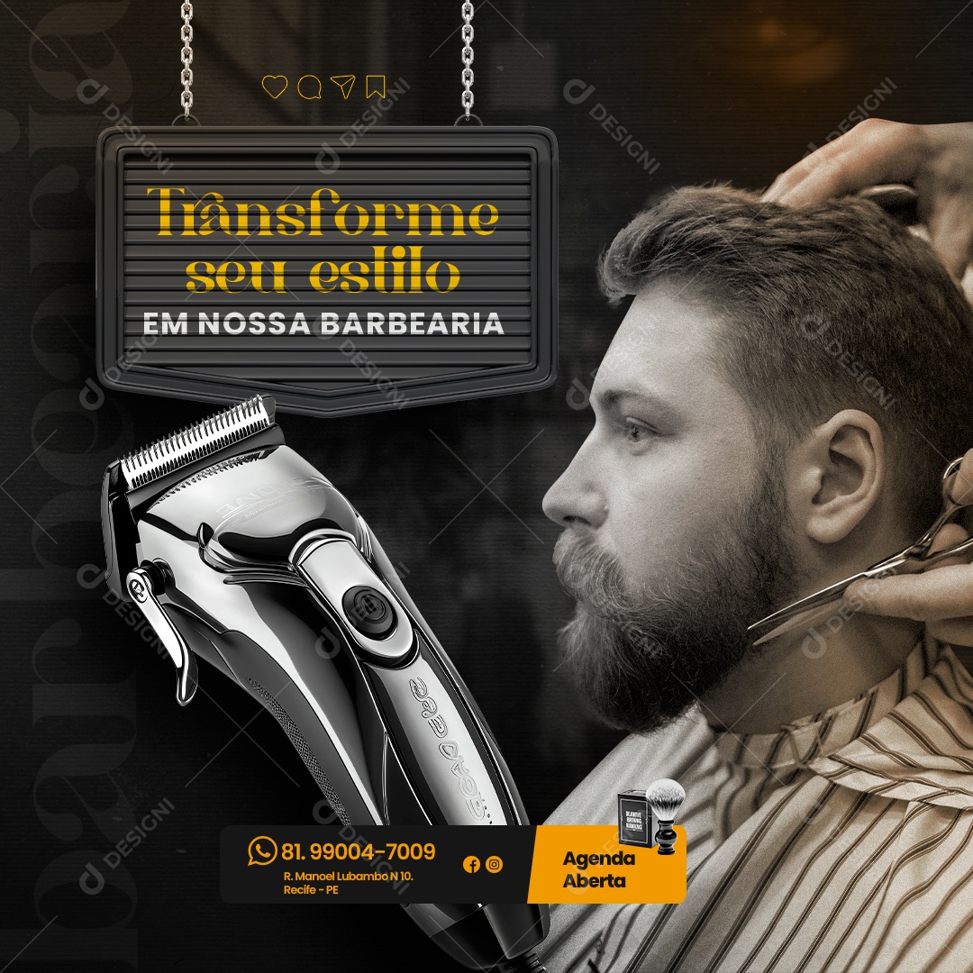 Barbearia Transforme seu Estilo Em Nossa Social Media PSD Editável