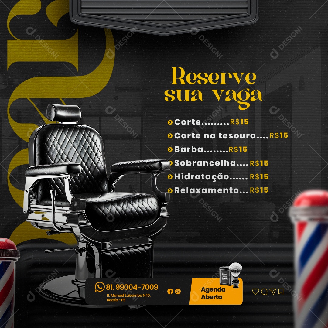 Barbearia Reserve sua Vaga Corte Corte na Tesoura Barba Social Media PSD Editável