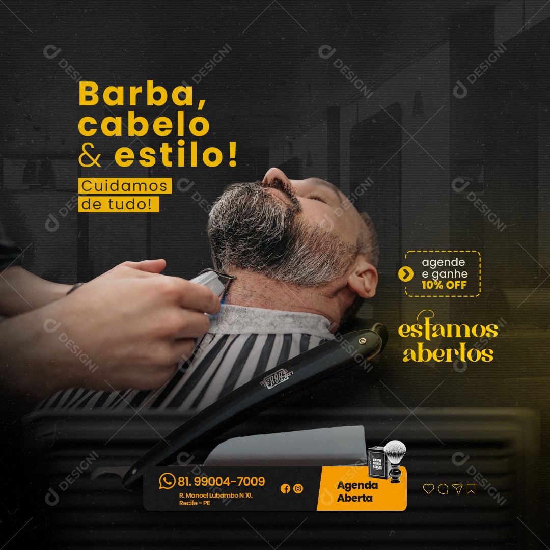 Barbearia Barba Cabelo & Estilo Cuidamos de Tudo Estamos Abertos Social Media PSD Editável