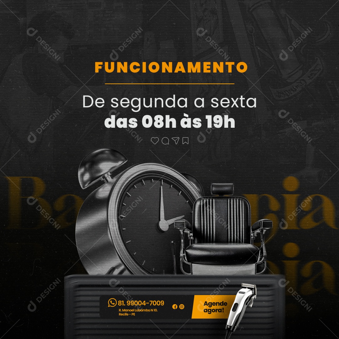 Barbearia Funcionamento de Segunda a Sexta Social Media PSD Editável