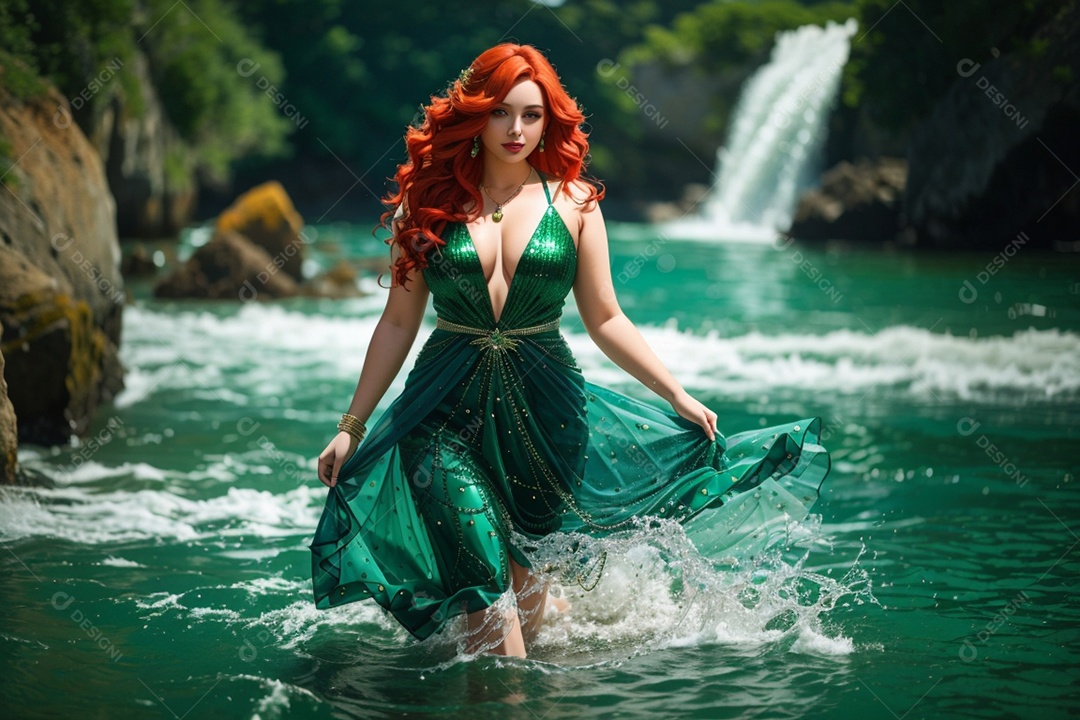 Linda mulher ruiva com vestido verde sobre as águas