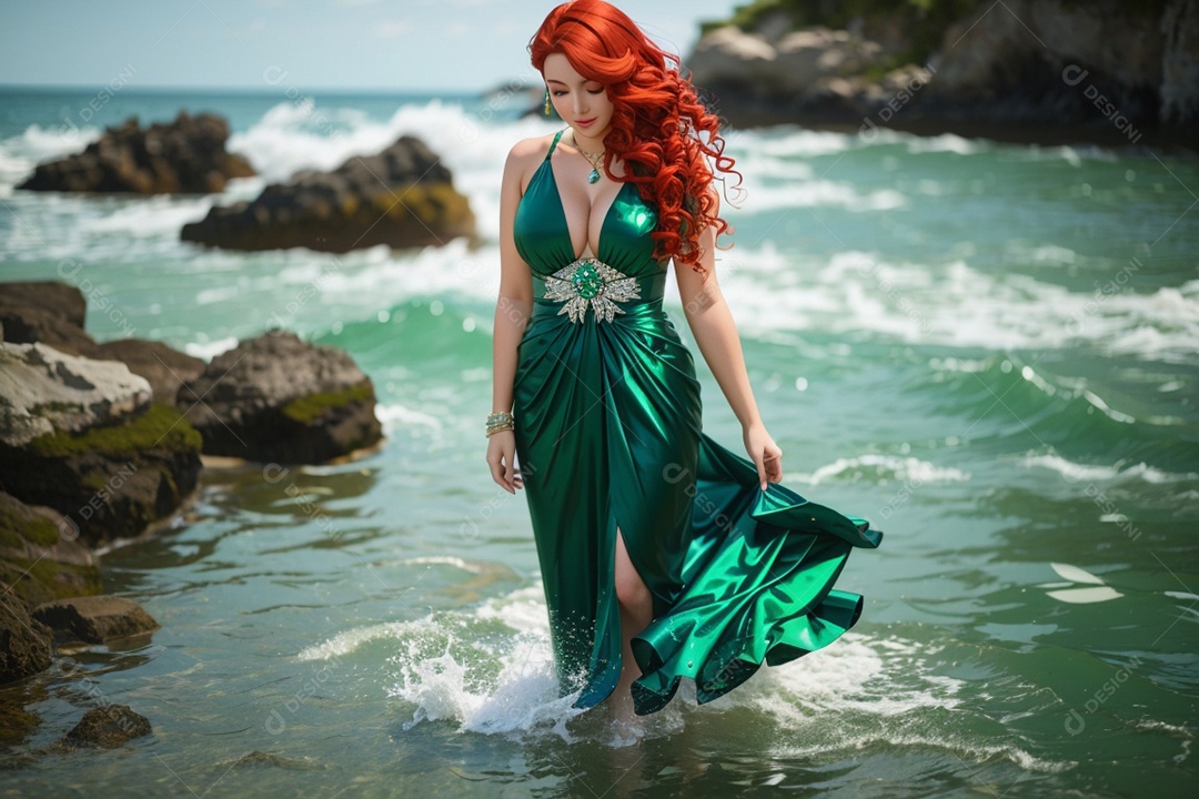 Linda mulher ruiva com vestido verde sobre as águas