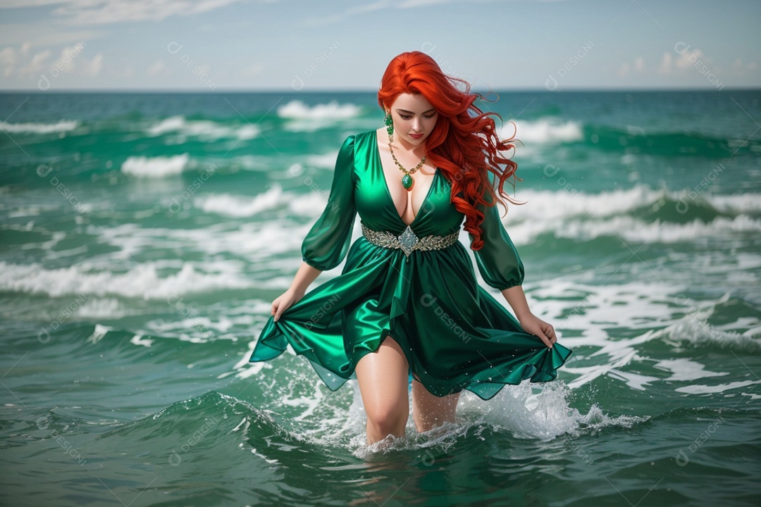 Linda mulher ruiva com vestido verde sobre as águas