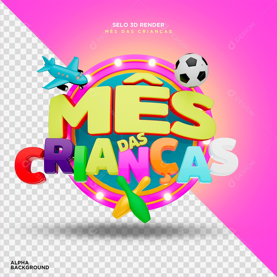 Mês das Crianças  Selo 3D Dourado Rosa para Composição PSD