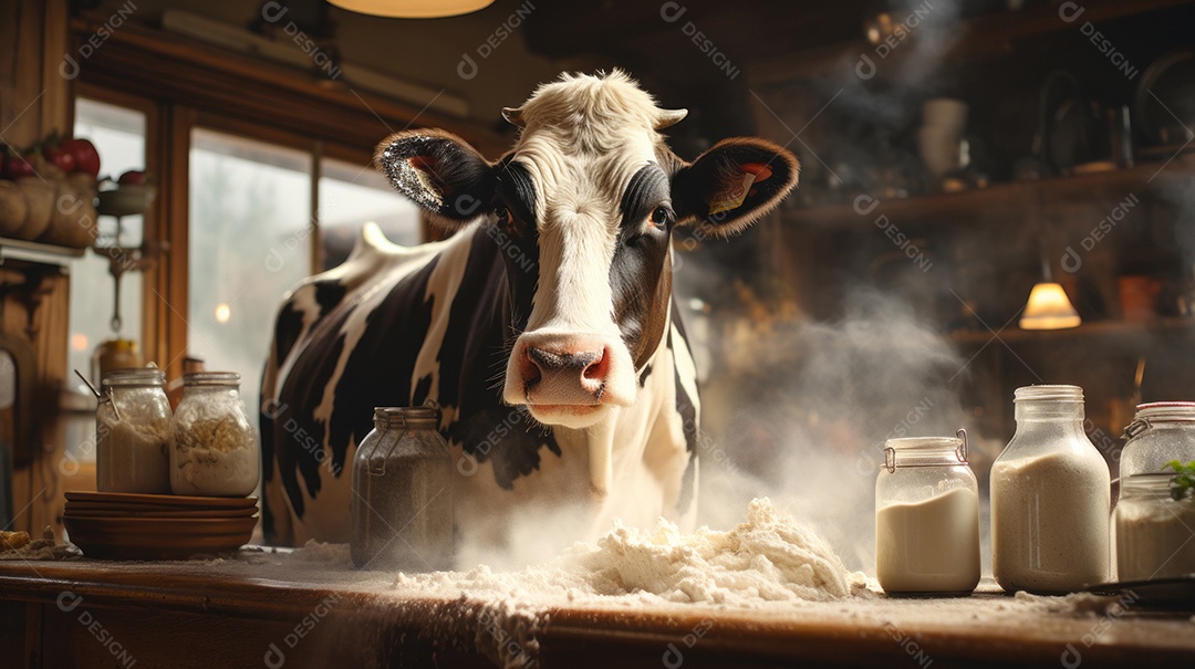 Retrato realista de bovino sobre pasto em uma fazenda.
