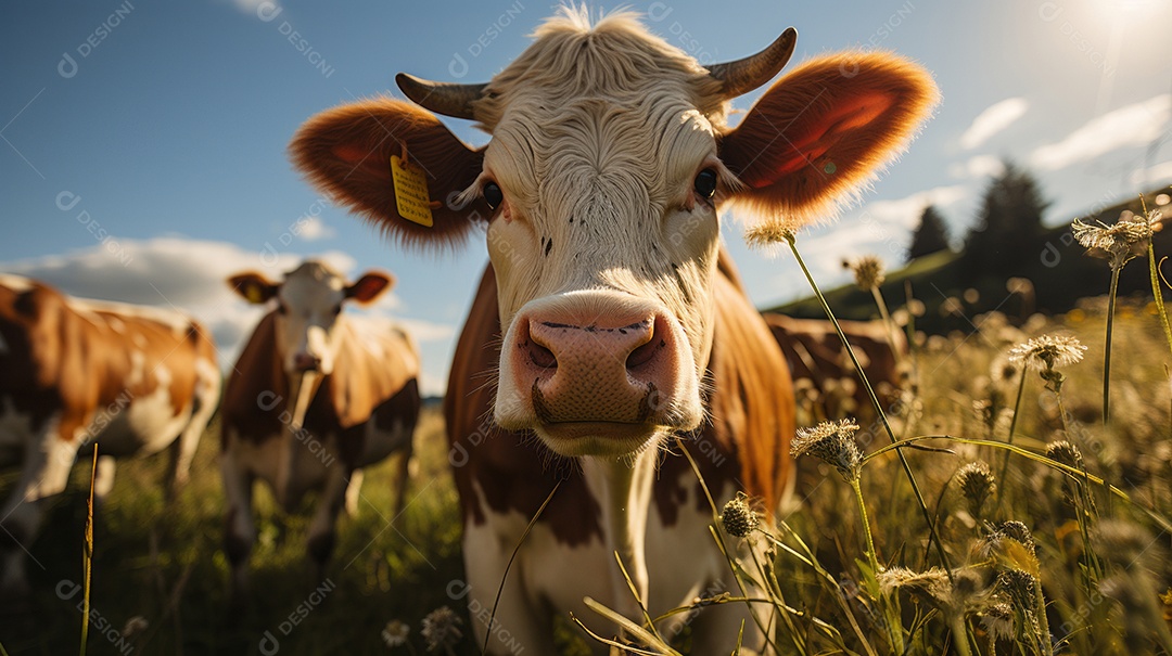 Retrato realista de bovino sobre pasto em uma fazenda.