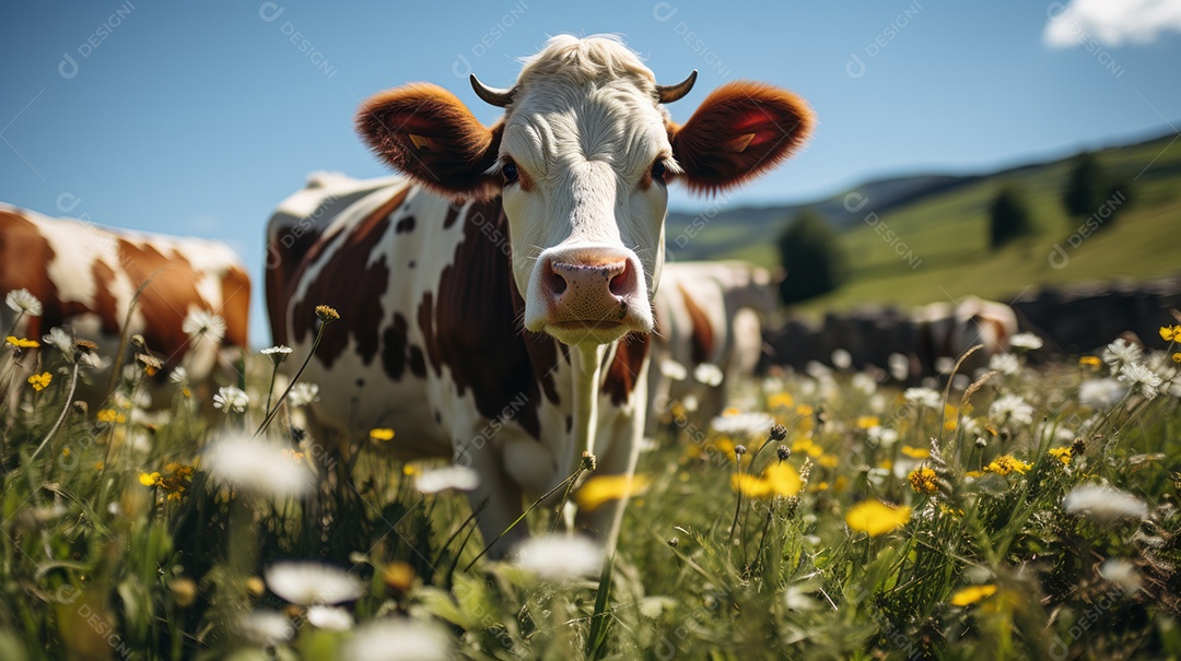 Retrato realista de bovino sobre pasto em uma fazenda.