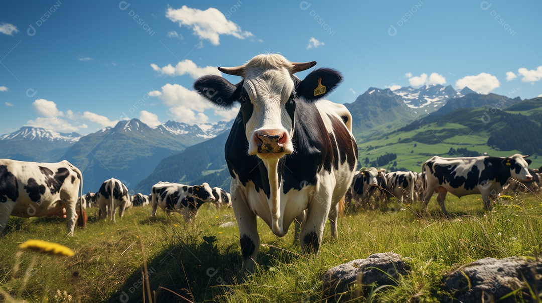 Retrato realista de bovino sobre pasto em uma fazenda.