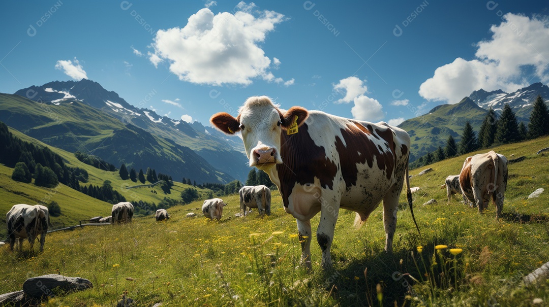 Retrato realista de bovino sobre pasto em uma fazenda.