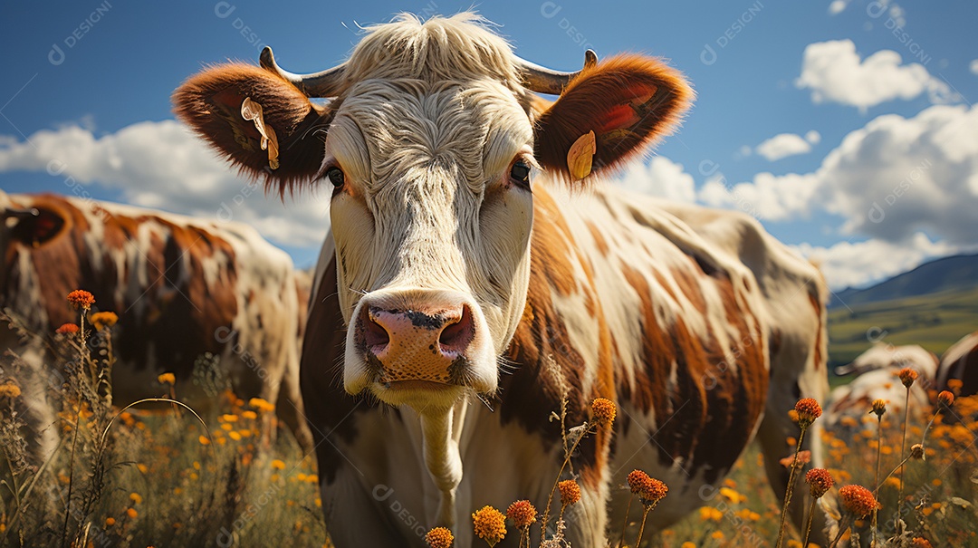 Retrato realista de bovino sobre pasto em uma fazenda.