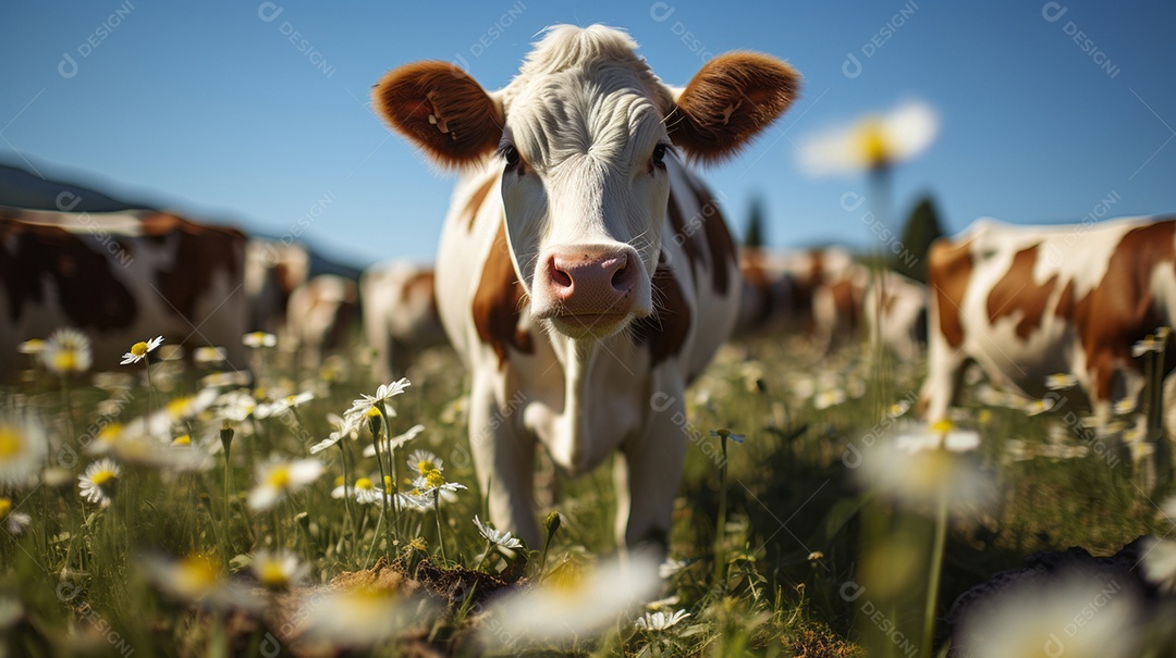 Retrato realista de bovino sobre pasto em uma fazenda.