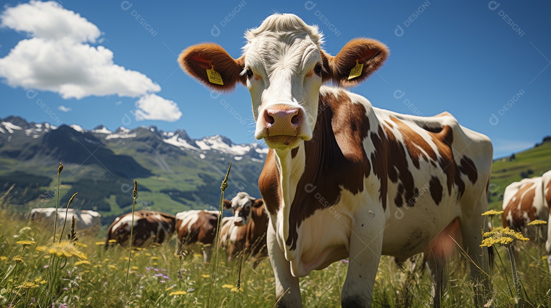 Retrato realista de bovino sobre pasto em uma fazenda.