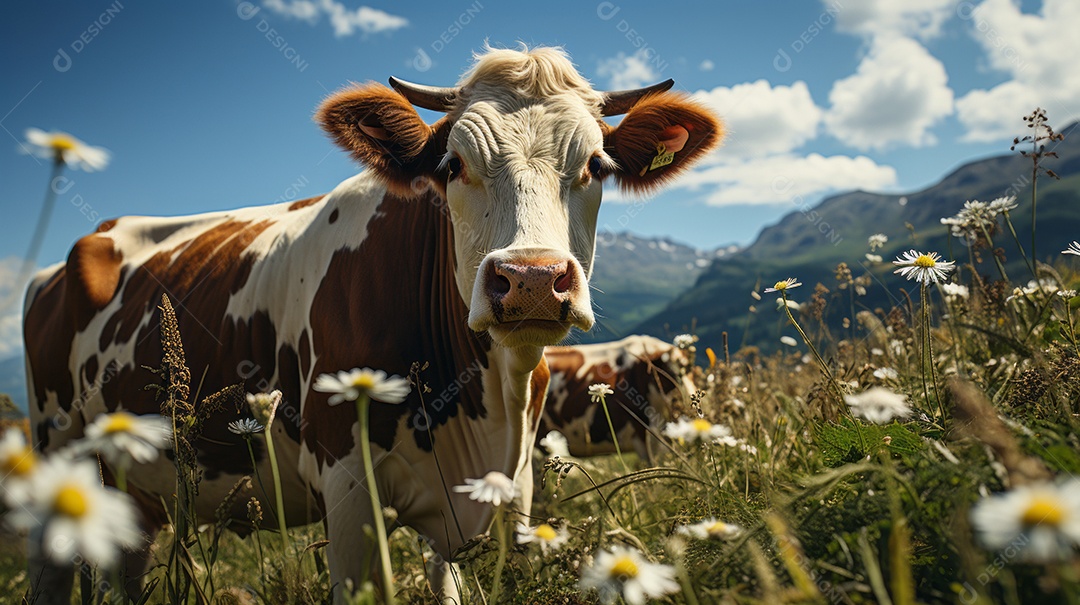 Retrato realista de bovino sobre pasto em uma fazenda.
