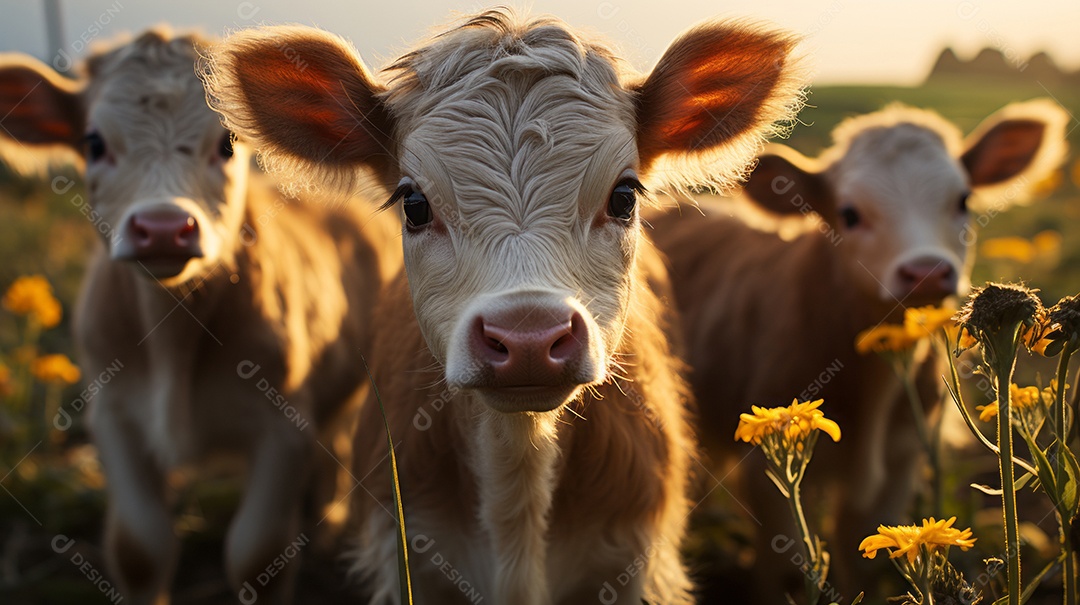 Retrato realista de bovino sobre pasto em uma fazenda.