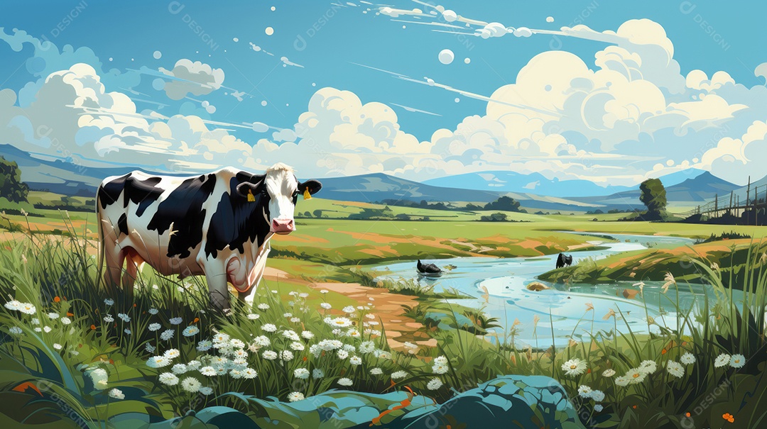 Retrato realista de bovino sobre pasto em uma fazenda.