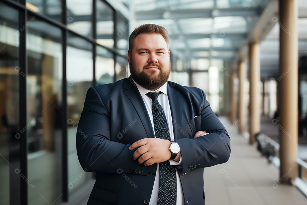 CEO sério, gerente de tamanho grande, confiante e em pé na frente do escritório moderno