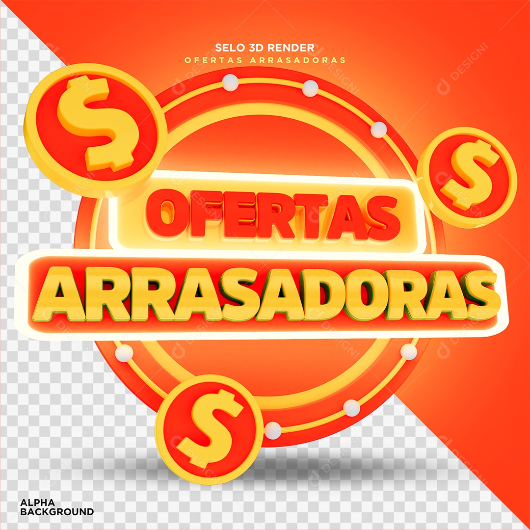 Ofertas Arrasadoras Selo 3D Dourado Laranja para Composição PSD